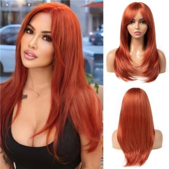 Copper red Wig with Bangs 22 Inch Long Straight Layered Wig main image 5